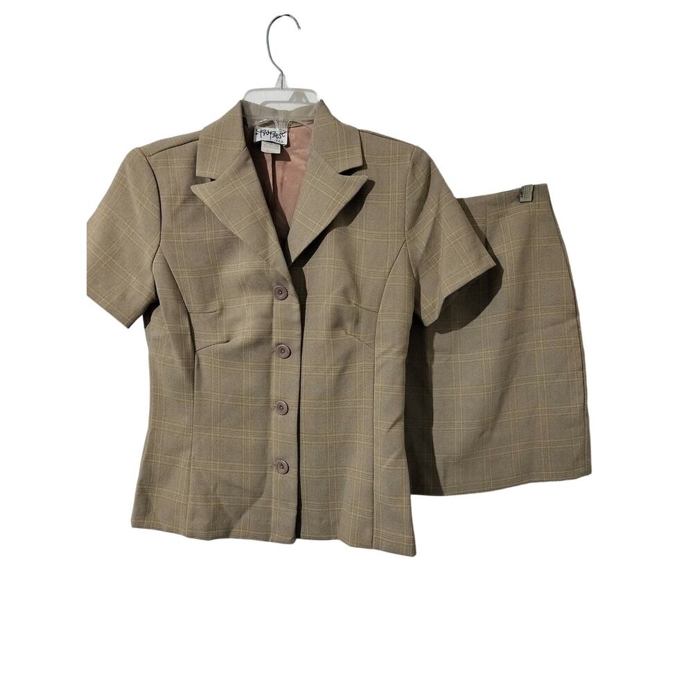 6058)Vtg 90s Propose USA S Khaki Plaid Short Sleeve Button Up Blazer& Skirt Set